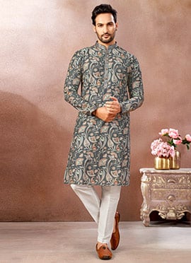 Grey Silk Zari Embroidered Printed Kurta Pyjama