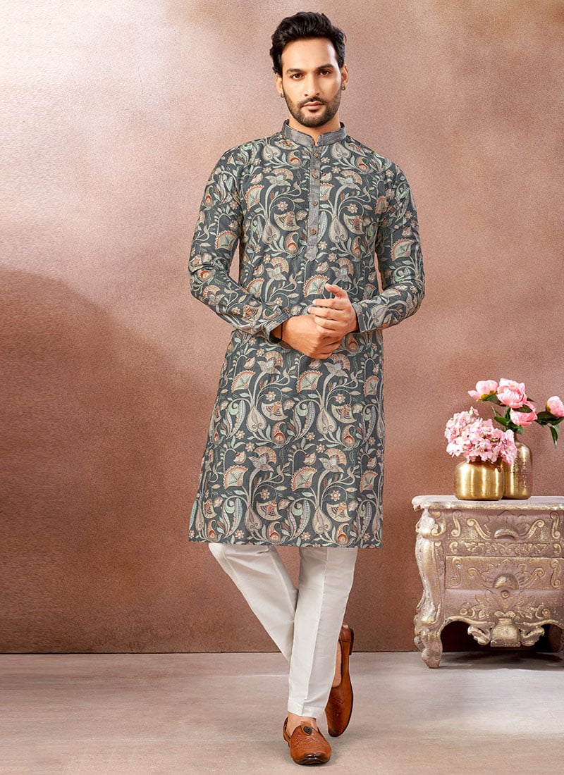 Grey Silk Zari Embroidered Printed Kurta Pyjama Festive Wear