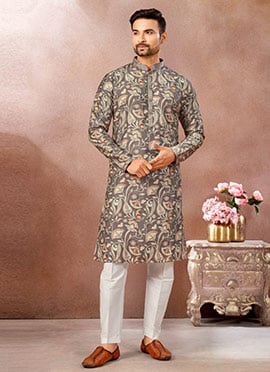 Grey Silk Zari Embroidered Printed Kurta Pyjama