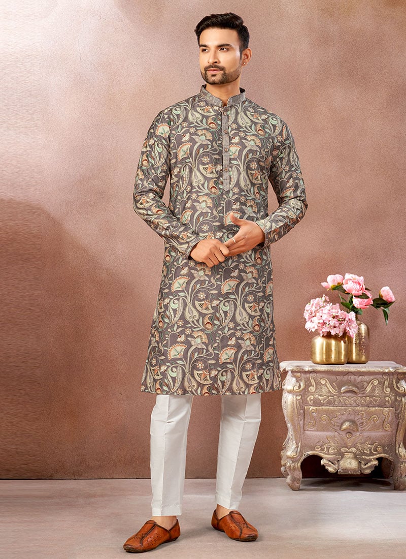 Grey Silk Zari Embroidered Printed Kurta Pyjama Festive Wear