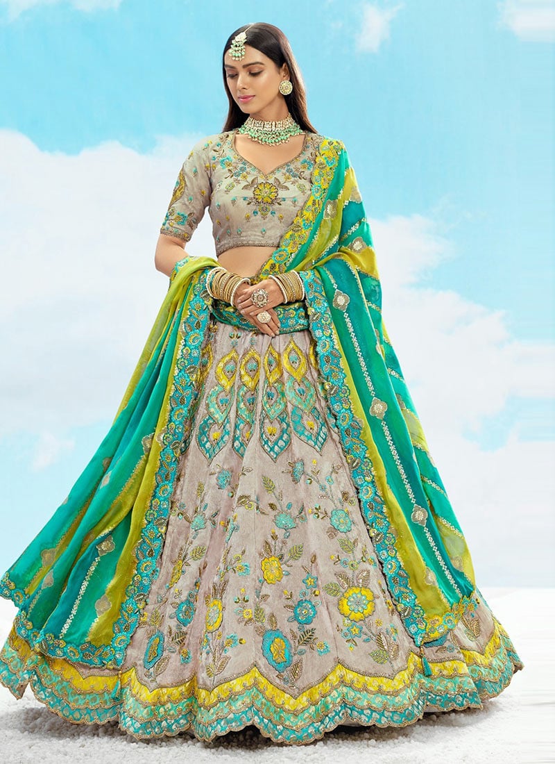 Grey Silk Zari Embroidered Sequins Classy Lehenga Wedding Wear-GHSLI26237603