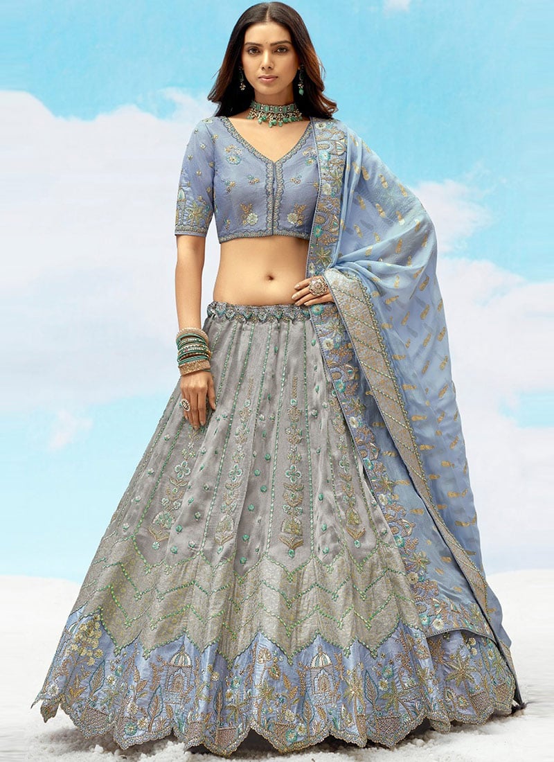 Grey Silk Zari Embroidered Sequins Elegant Lehenga Wedding Wear