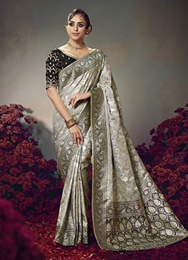 Grey Silk Zari Embroidered Sequins Jacquard Saree