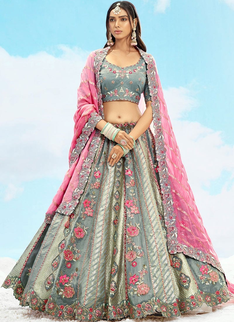 Grey Silk Zari Embroidered Sequins Lehenga Wedding Wear