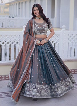 Grey Silk Zari Embroidered Sequins Lehenga