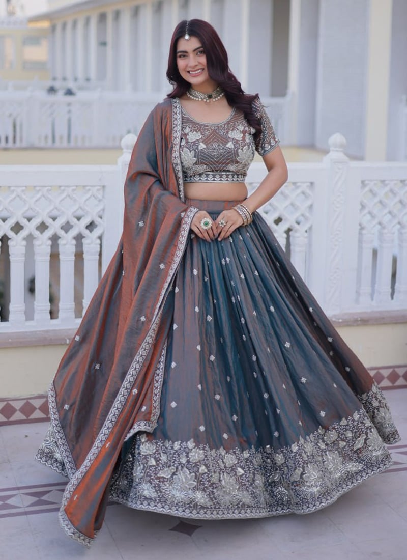 Grey Silk Zari Embroidered Sequins Lehenga Wedding Wear