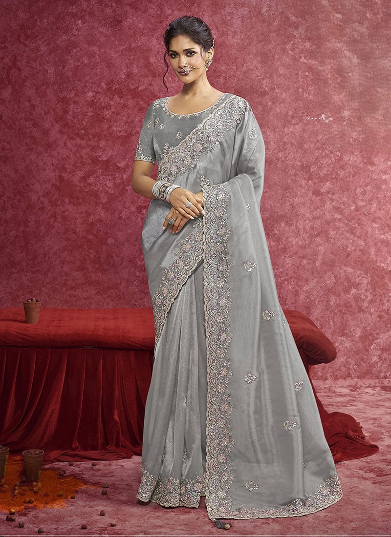 Grey Silk Zari Embroidered Sequins Resham Saree Festive Wear