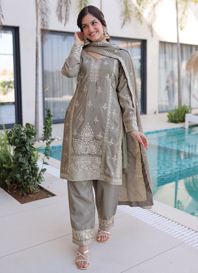 Grey Silk Zari Embroidered Sequins Thread Straight Pant Suit Festive Wear