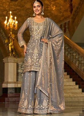 Grey Silk Zari Embroidered Sequins With Mirror Work Palazzo Suit