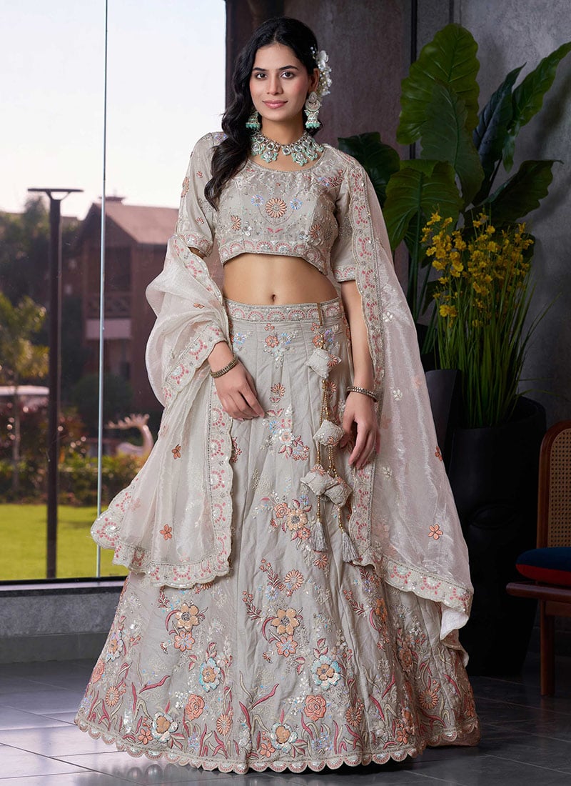 Grey Silk Zari Embroidered Sequins With Stone Work Lehenga Wedding Wear-GHSCC49035038