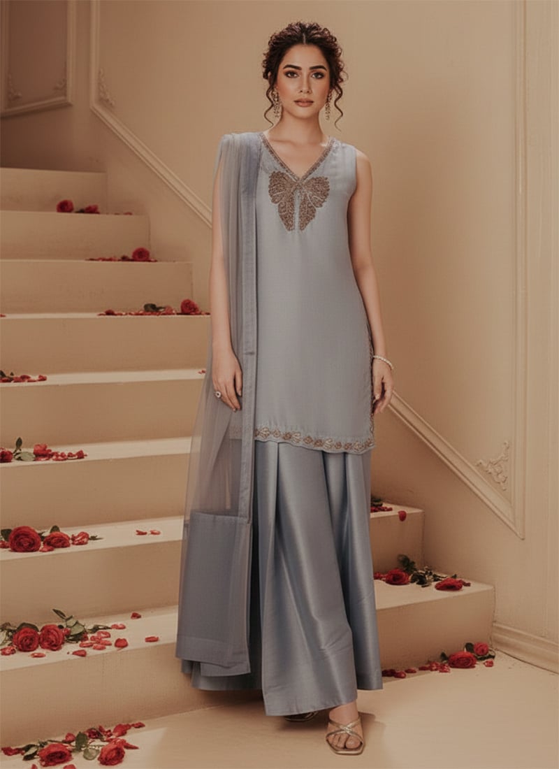 Grey Silk Zari Hand Embroidered Sequin Embellished Palazzo Suit  Festive Wear