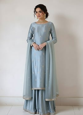Grey Silk Zari Hand Embroidered Sequins Palazzo Suit