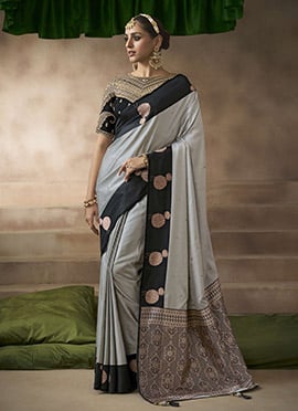 Grey Silk Zari Jacquard Embroidered Sequins Saree