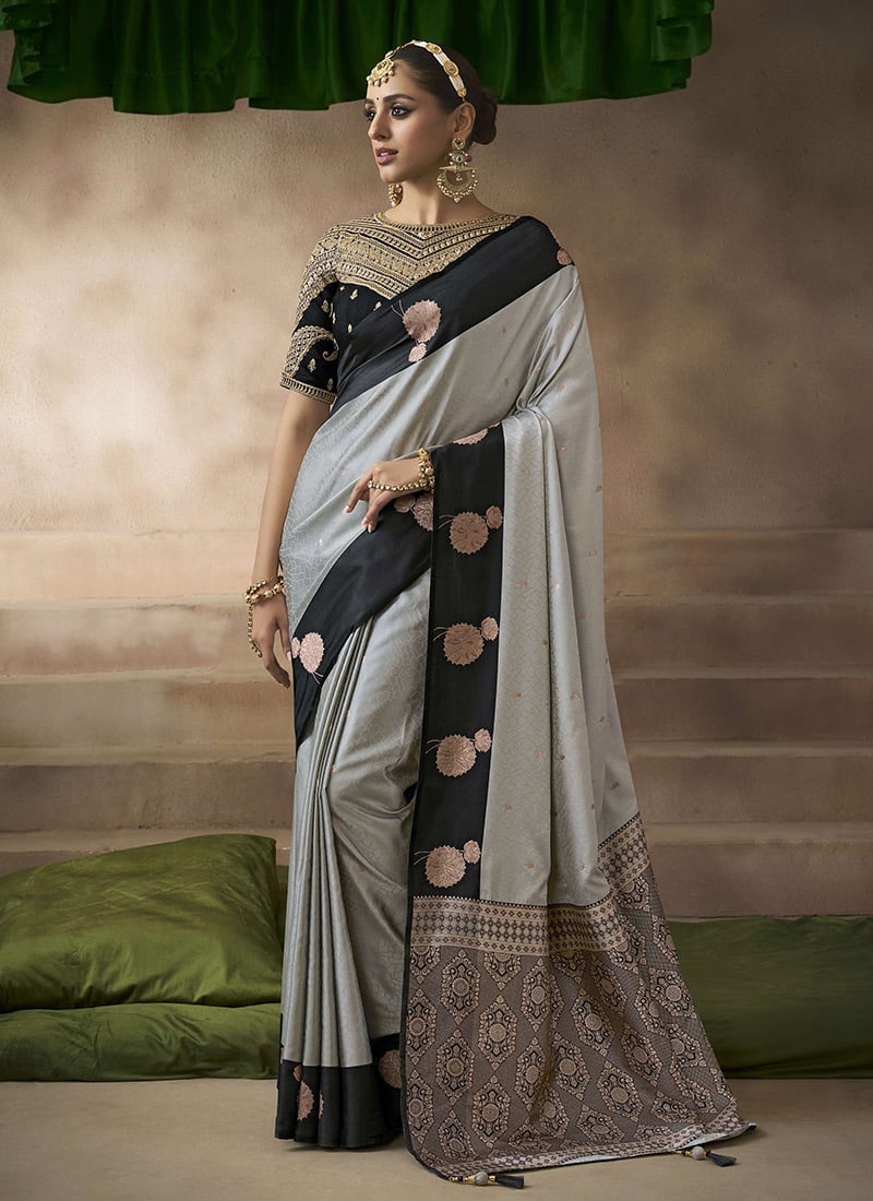 Grey Silk Zari Jacquard Embroidered Sequins Saree Festive Wear