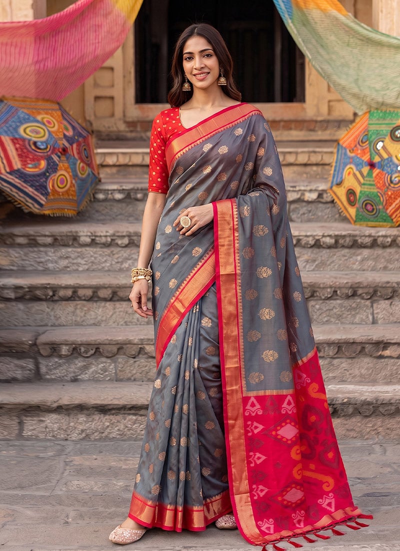 Grey Silk Zari Jacquard Woven Saree Festive Wear