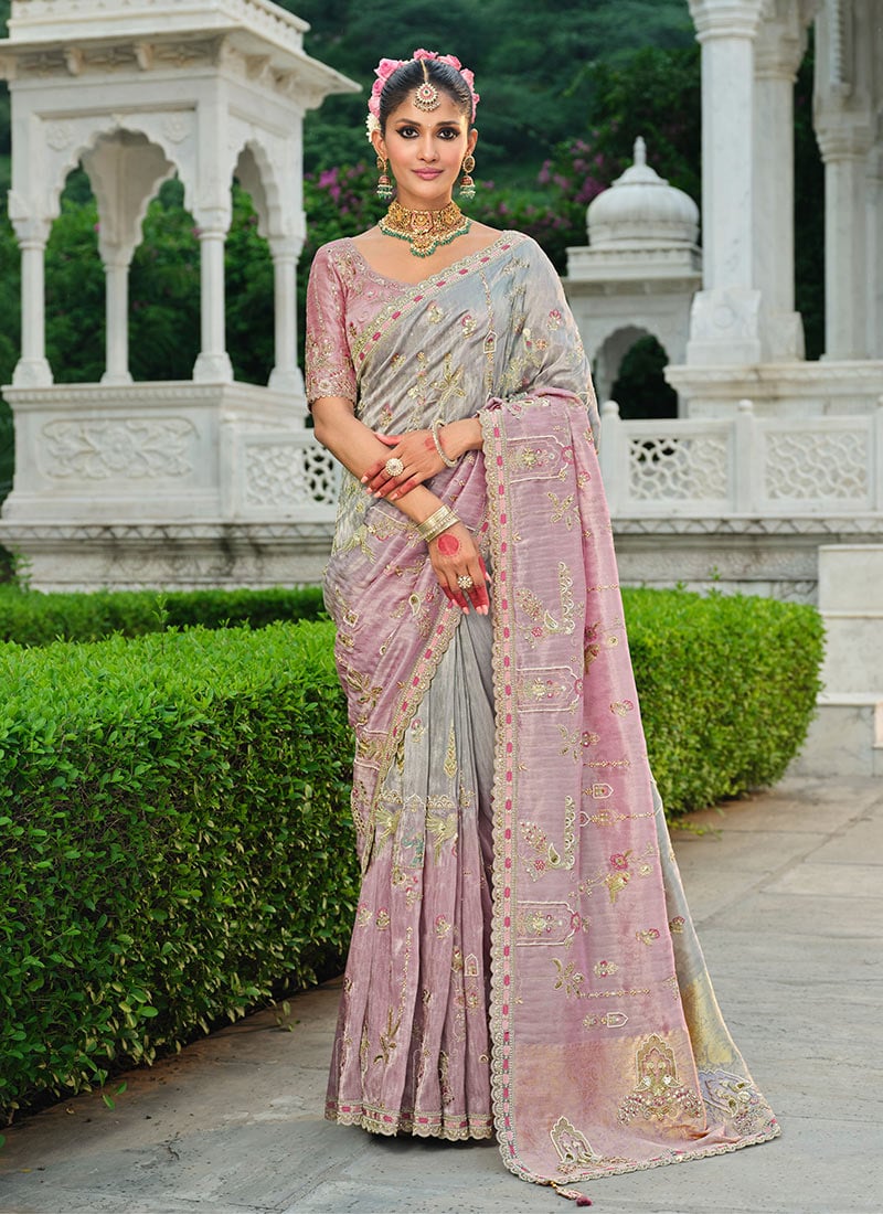 Grey Smooth Silk Zari Resham Sequins Embroidered Stone Work Saree Wedding Wear