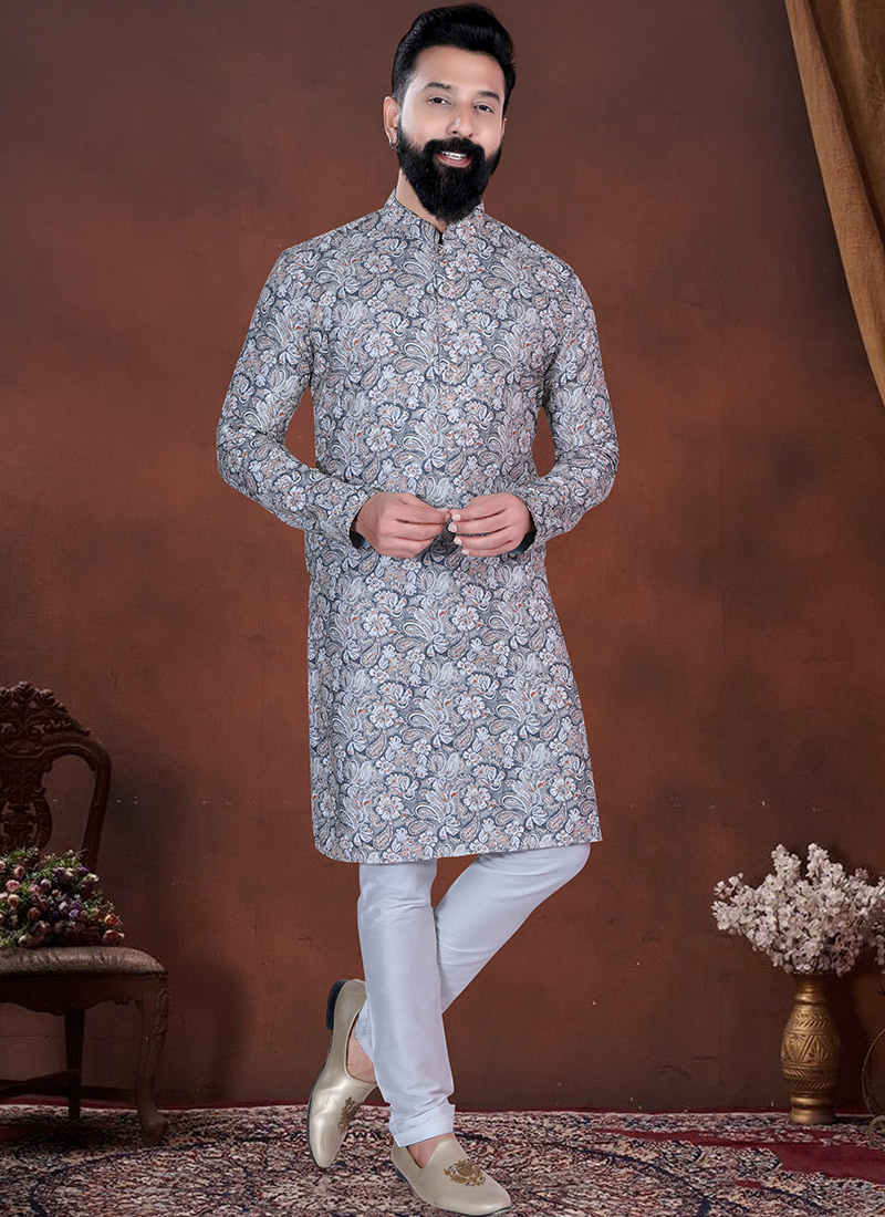 Grey Soft Cotton Thread Embroidered Sequins Printed Kurta Pyjama Festive Wear