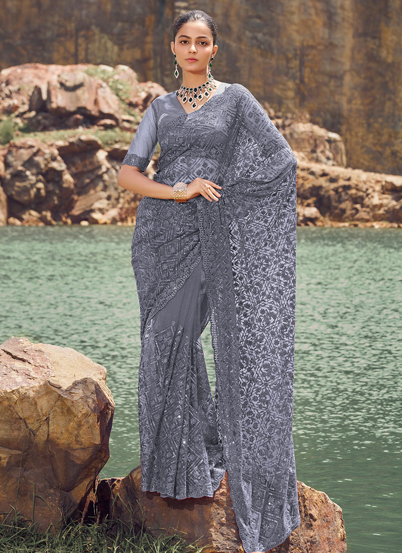 Grey Soft Net Embroidered Sequins Saree