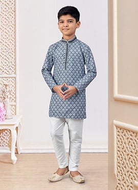 Grey Soft Rayon Printed And Embroidered Boys Kurta Pyjama