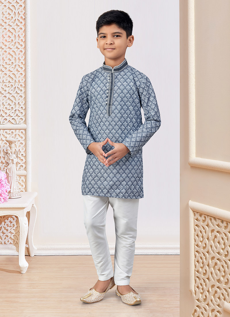 Grey Soft Rayon Printed And Embroidered Boys Kurta Pyjama Festive Wear