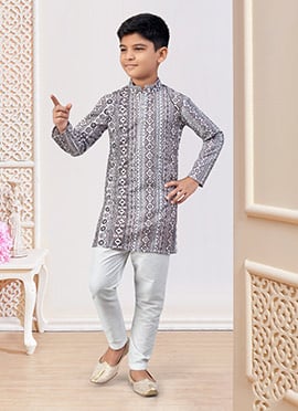 Grey Soft Rayon Printed And Embroidered Boys Kurta Pyjama