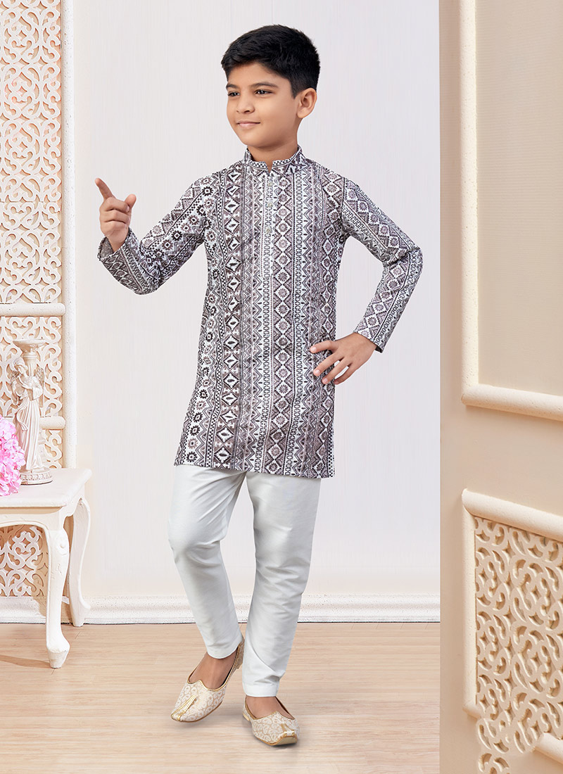 Grey Soft Rayon Printed And Embroidered Boys Kurta Pyjama Festive Wear