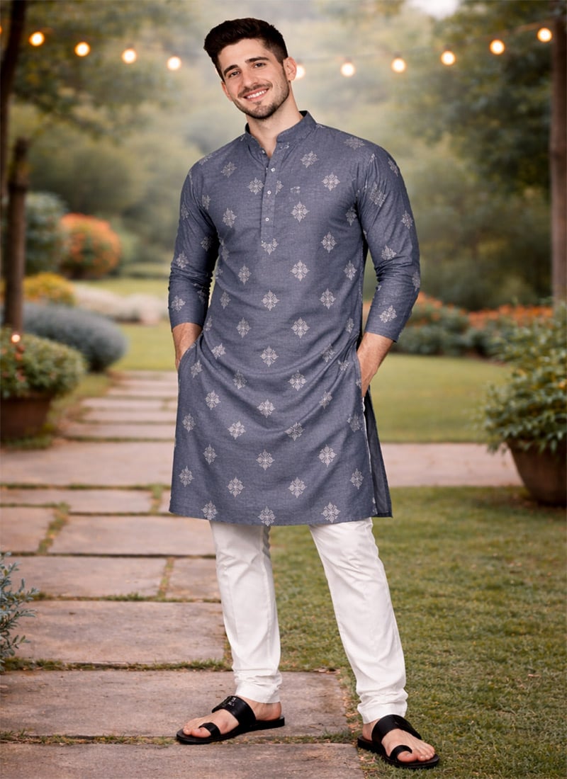 Grey Soft Silk Sequins Kurta Pyjama Festive Wear