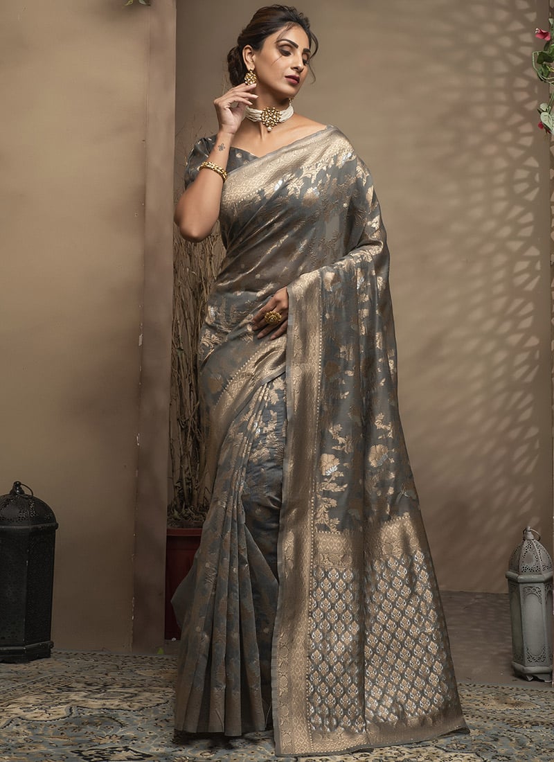Grey Spun Cotton Zari Weaving Saree Festive Wear