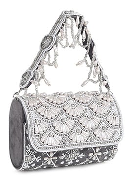 Grey Suede Kundan With Stones Moti Sequins Sling Bag