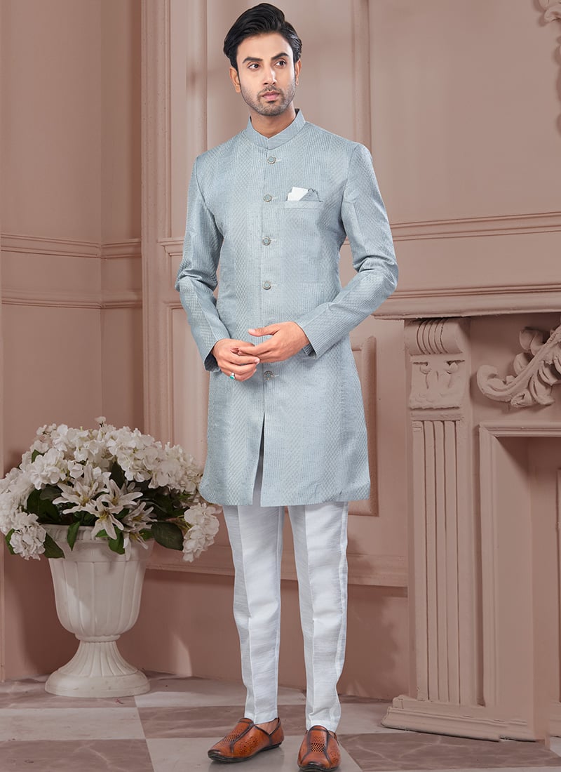 Grey Super Silk Embroidered Sequins Indowestern Sherwani