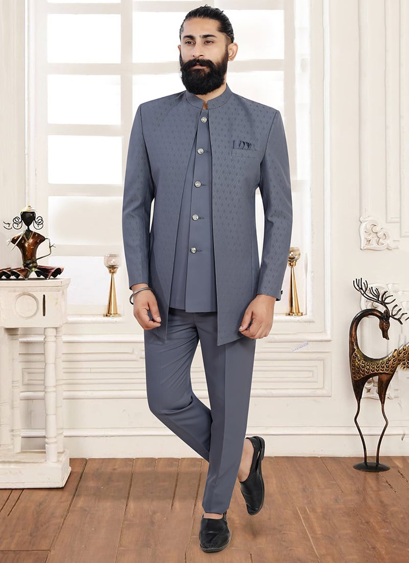 Grey Terry Rayon Three Piece Suit with Attached Jacket Wedding Wear