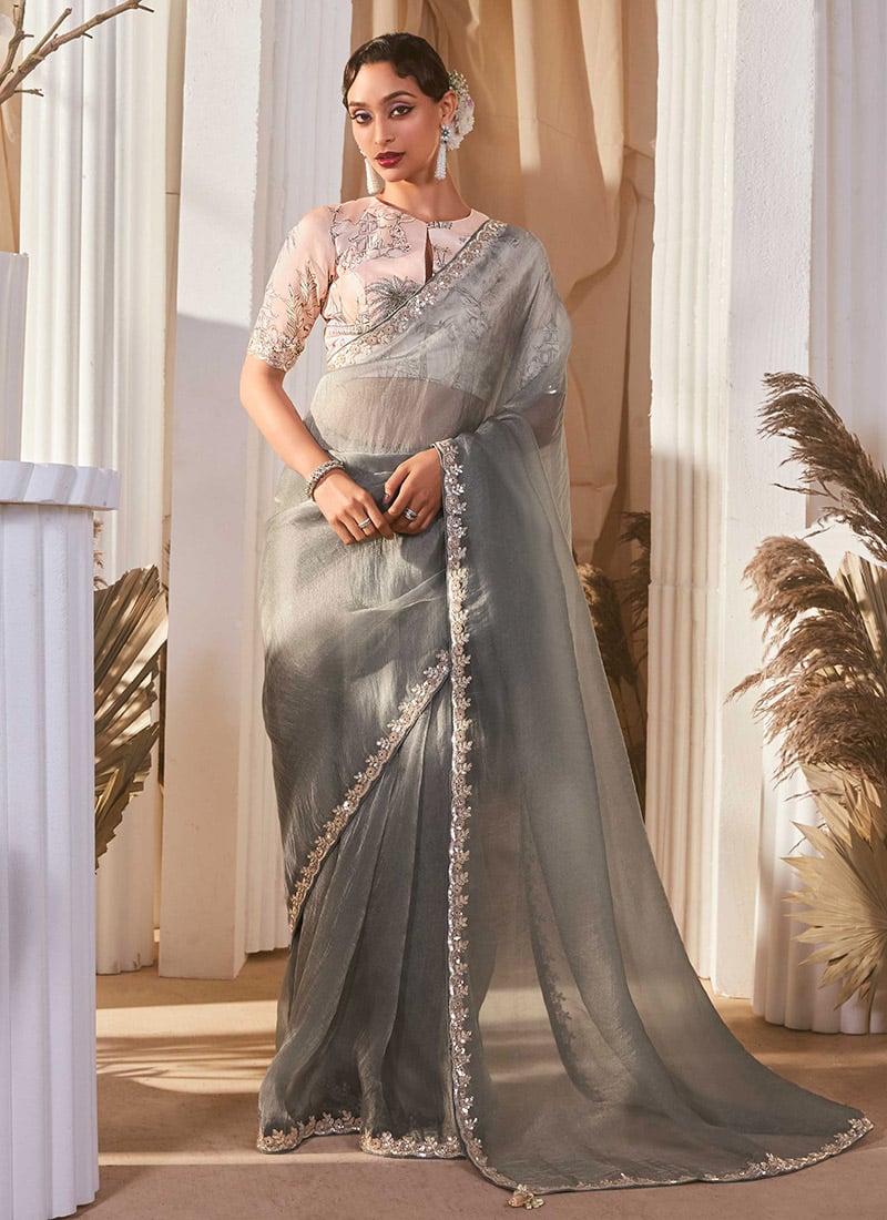 Grey Tissue Embroidered Sequins Saree With Digital Print Blouse Festive Wear