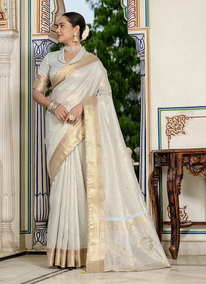 Grey Tissue Linen Hand Embroidered Zari Saree