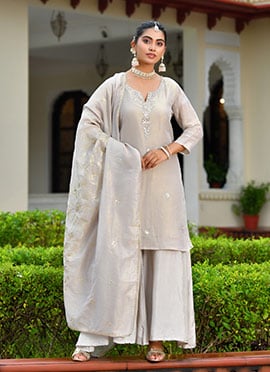 Grey Tissue Sequins And Zari Palazzo Suit