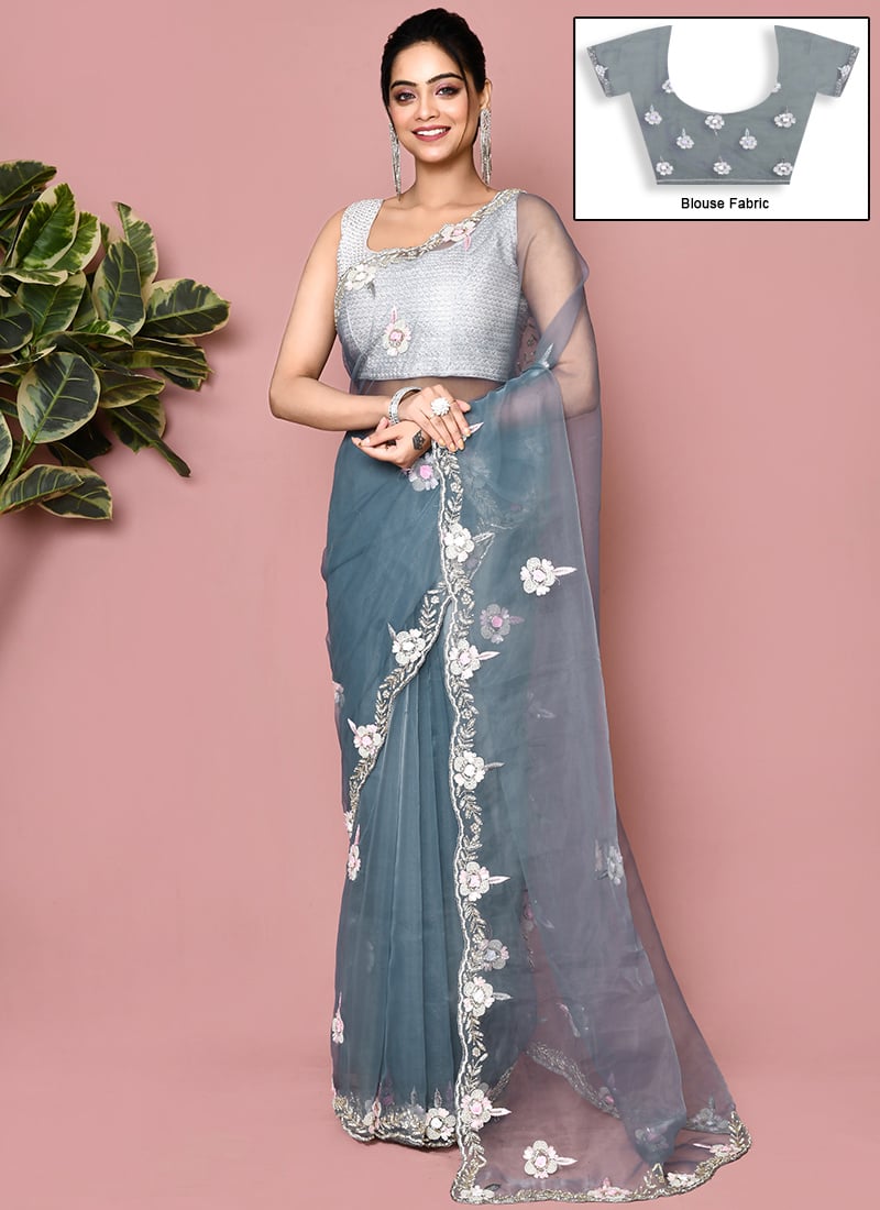 Grey Tissue Silk Hand Embroidered Saree Wedding Wear