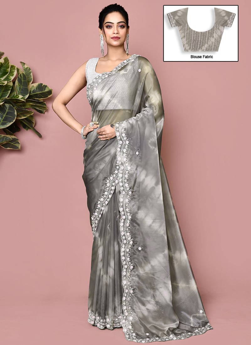 Grey Tissue Silk Hand Embroidered Saree
