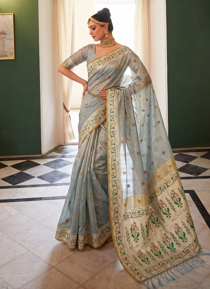 Grey Tissue Silk Woven Jacquard Saree Festive Wear