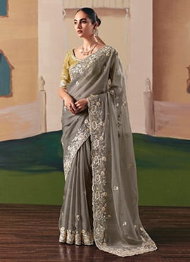 Grey Tissue Silk Zari Embroidered Sequins Saree