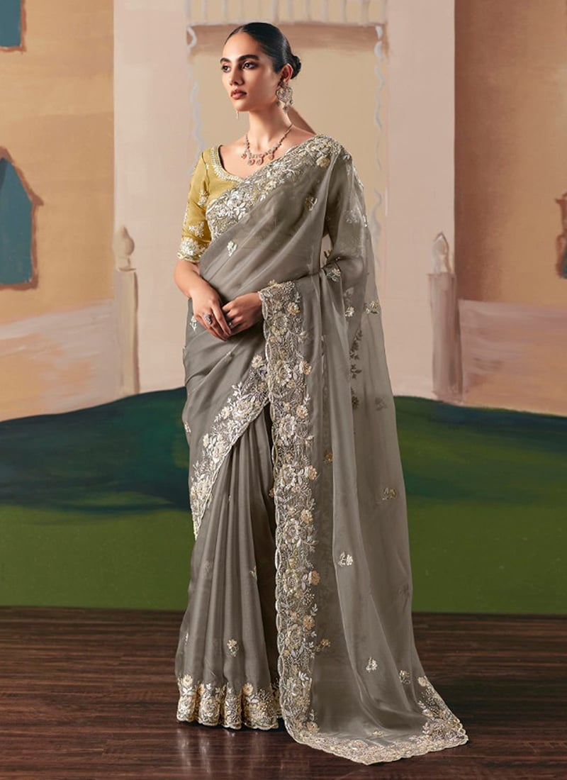 Grey Tissue Silk Zari Embroidered Sequins Saree Festive Wear