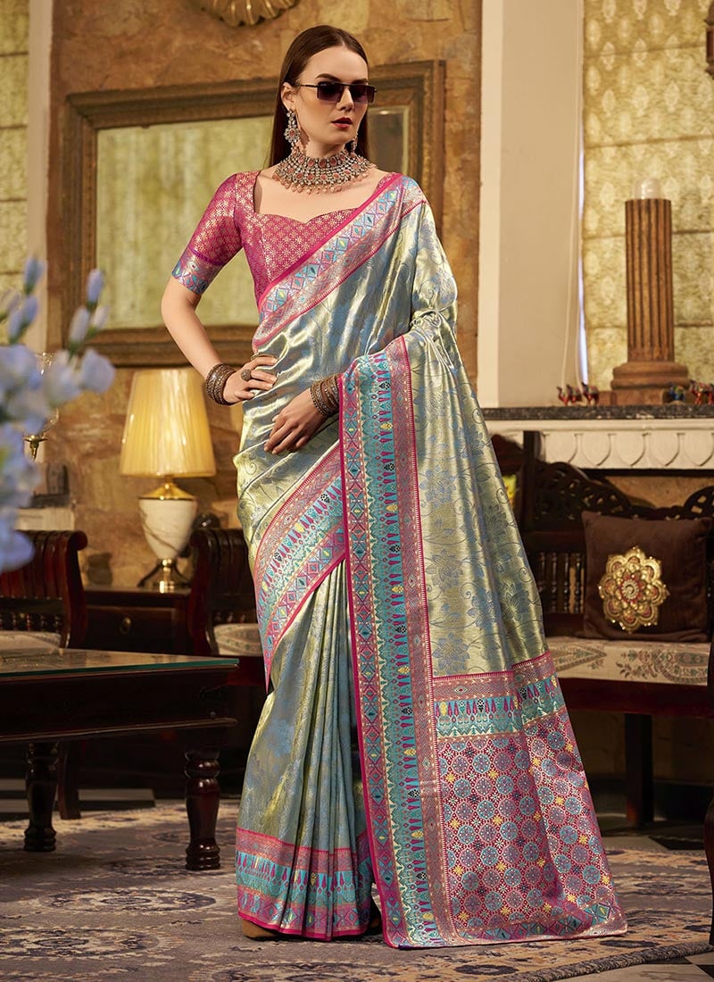 Grey Tissue Silk Zari Woven Saree Festive Wear