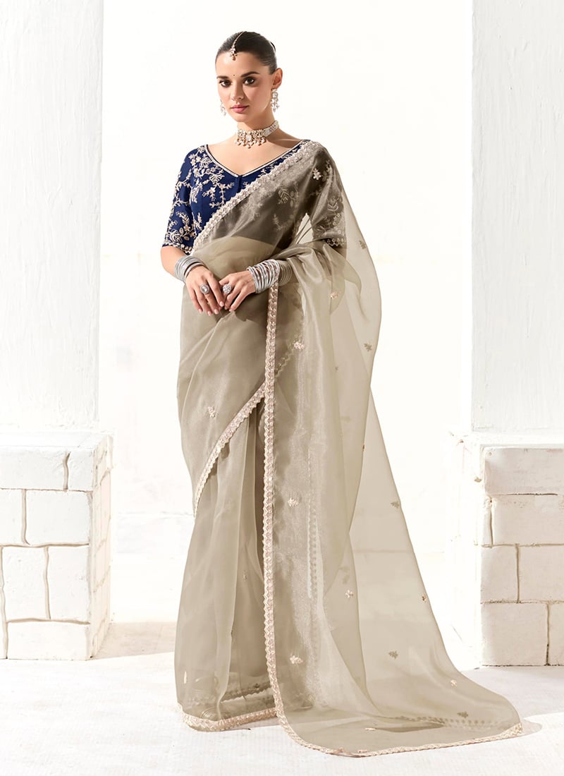 Grey Tissue Zari Hand Embroidered Sequins Saree Wedding Wear