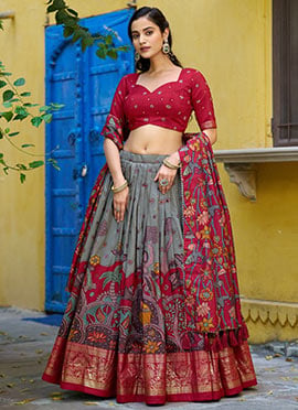Grey Tussar Silk Kalamkari Lehenga