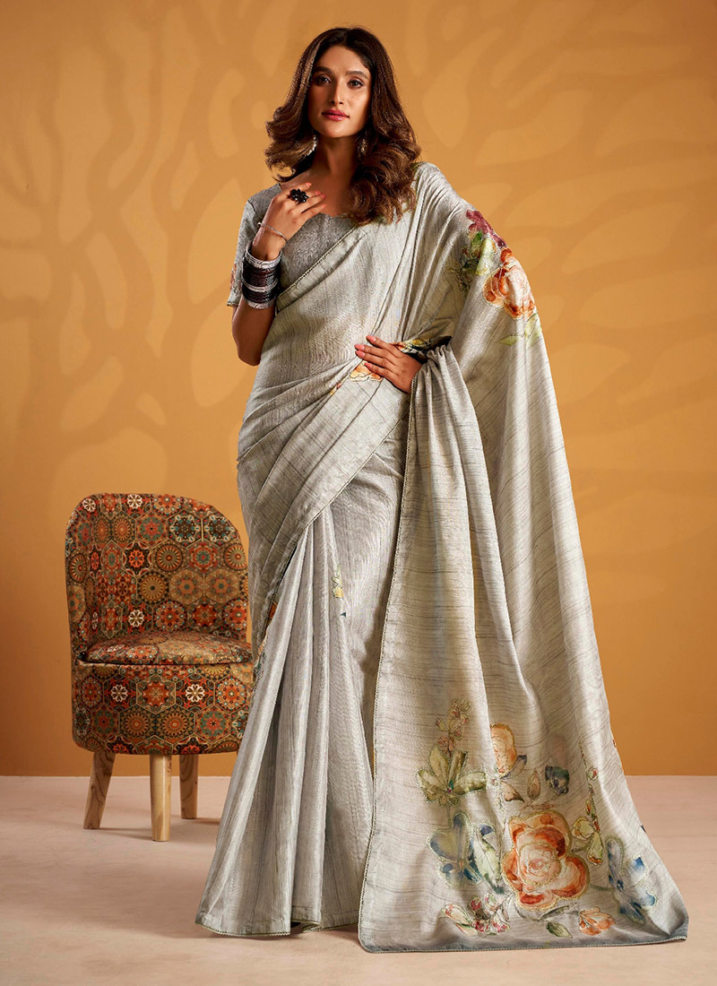 Grey Tussar Silk Zari Work Digital Print Zari Saree After Six Wear