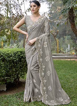 Grey Twill Net Zari Embroidered Stone Work Saree
