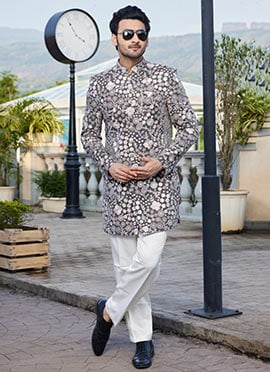 Grey Velvet Embroidered Indowestern Sherwani