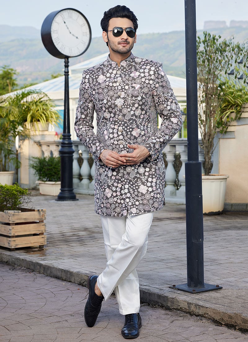 Grey Velvet Embroidered Indowestern Sherwani Wedding Wear