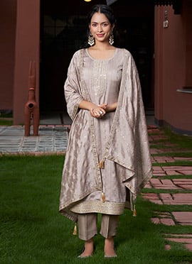 Grey Vichitra Silk Embroidered Sequins Straight Pant Suit