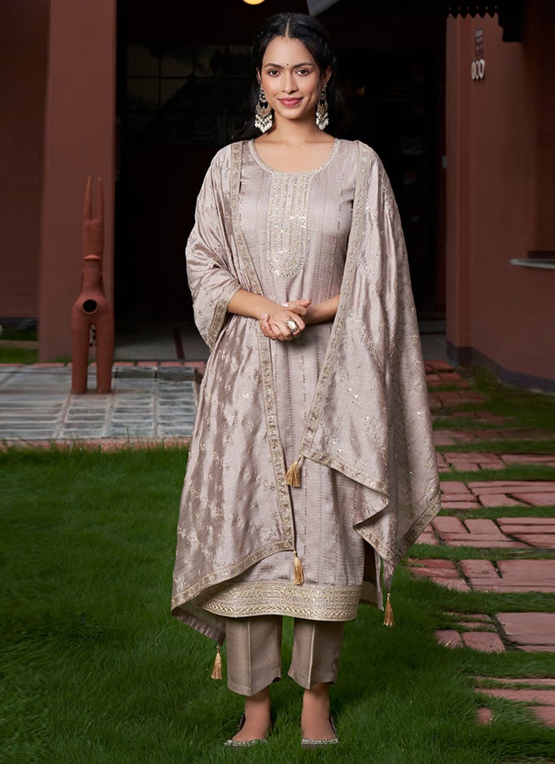 Grey Vichitra Silk Embroidered Sequins Straight Pant Suit Festive Wear