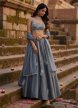 Grey Vichitra Silk Zari Hand Embroidered Sequins Lehenga
