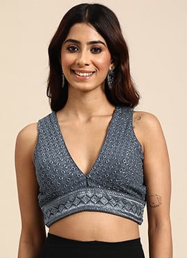 Grey Viscose Embroidered Blouse
